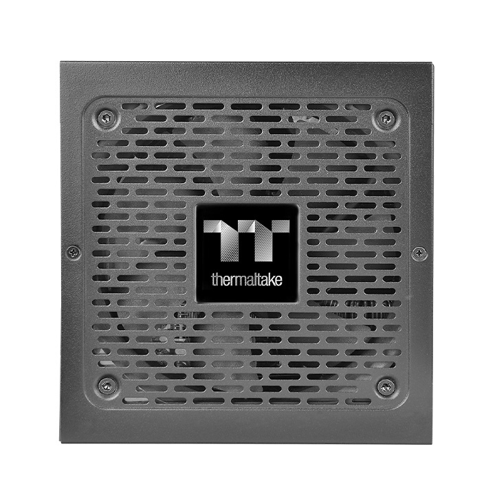 Schwarzes Thermaltake PC-Netzteil mit rundem Ventilatorgitter und zentralem Markenlogo.