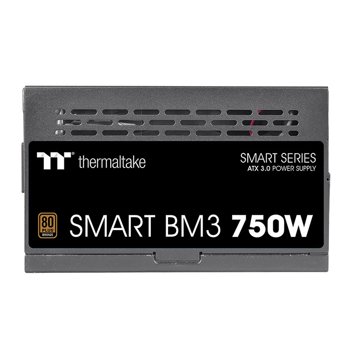 Schwarzes Thermaltake Smart BM3 750W Netzteil mit Lüftungsschlitzen und 80 Plus Bronze Logo auf weißem Hintergrund.