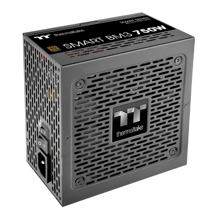 Ein schwarzes Thermaltake Smart BM3 750W PC-Netzteil vor weißem Hintergrund.