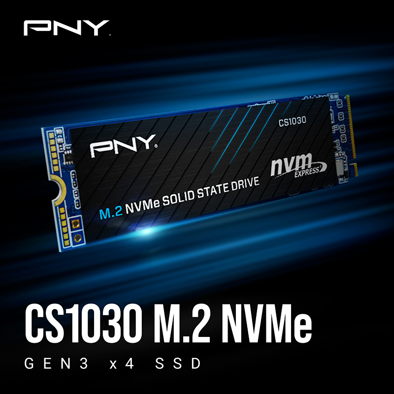 Dysk SSD NVMe M.2 PNY CS1030 na niebiesko-czarnym, świecącym tle z białym tekstem.