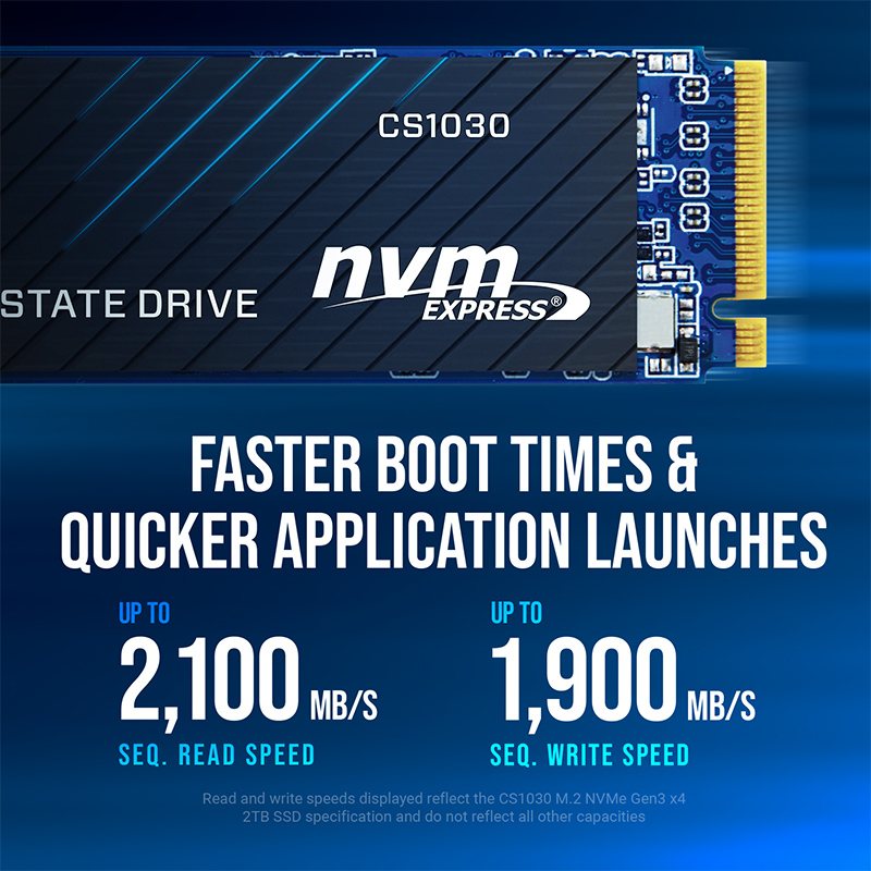 Dysk SSD CS1030 M.2 NVMe o prędkości odczytu do 2100 MB/s i zapisu do 1900 MB/s.