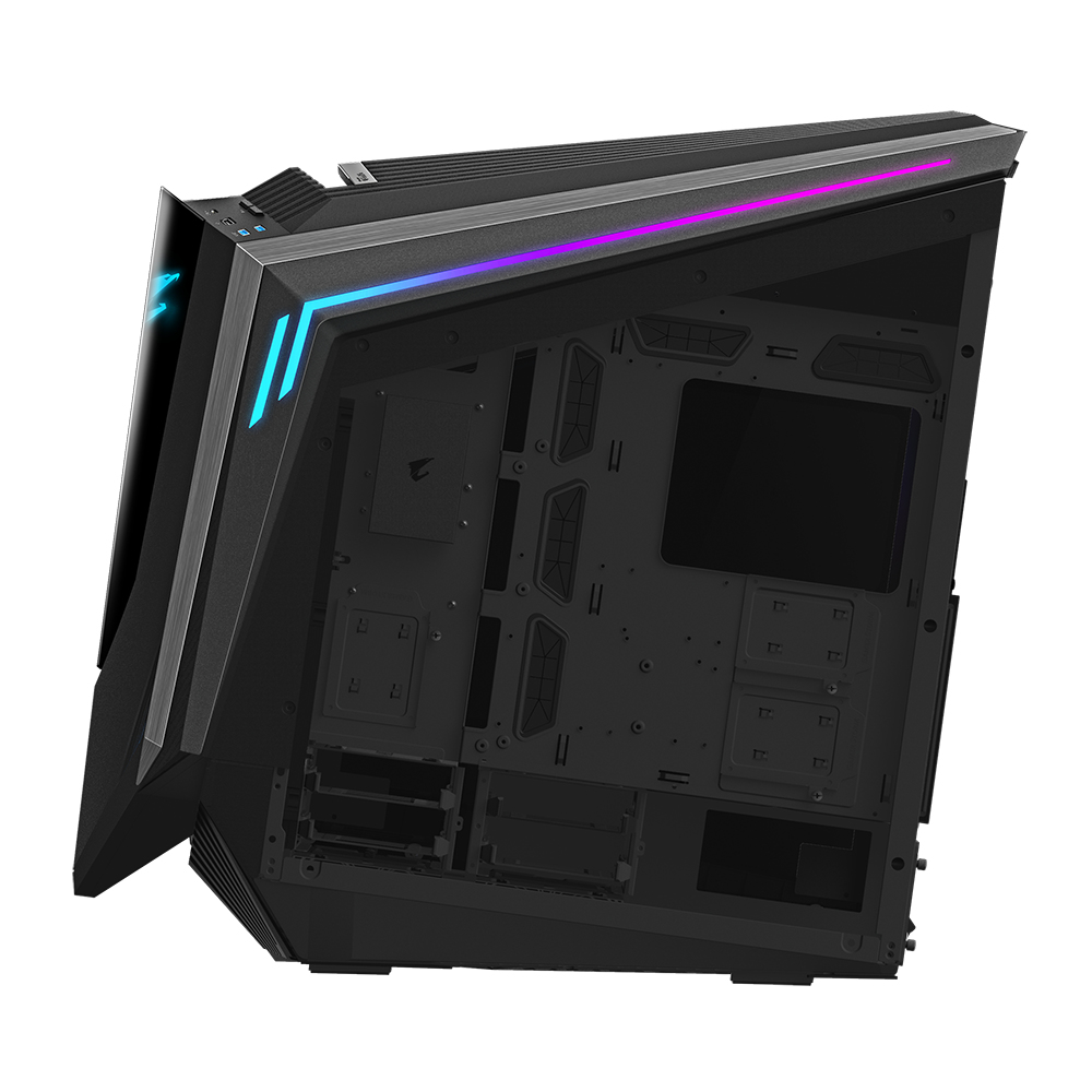 Black PC case with futuristic design, blue glowing stripes on the front, and a purple light strip on top.