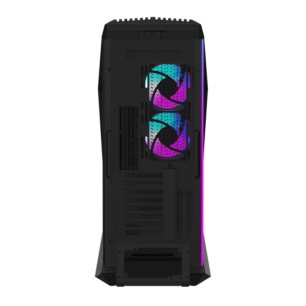 Rear view of a black PC tower case with two colorful RGB fans and vertical expansion slots.