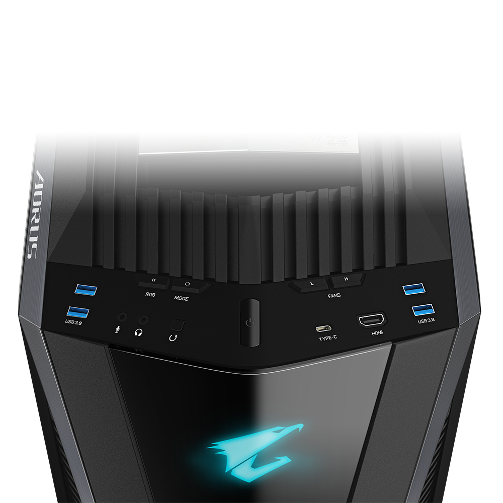 Top I/O panel of Aorus PC case featuring USB ports, audio jacks, power button, Type-C, HDMI, and glowing logo.