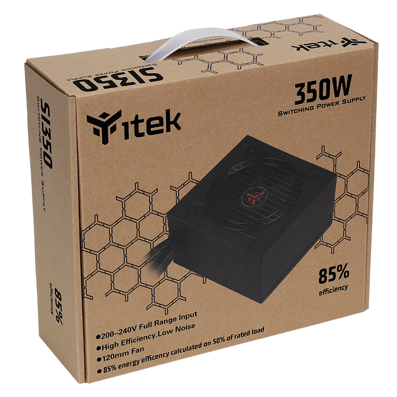 Caja de cartón marrón para fuente de alimentación Itek 350W, con detalles e imagen del producto.