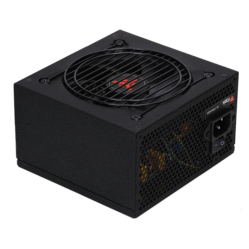 Fuente de alimentación negra para PC con una gran rejilla de ventilador superior y malla.