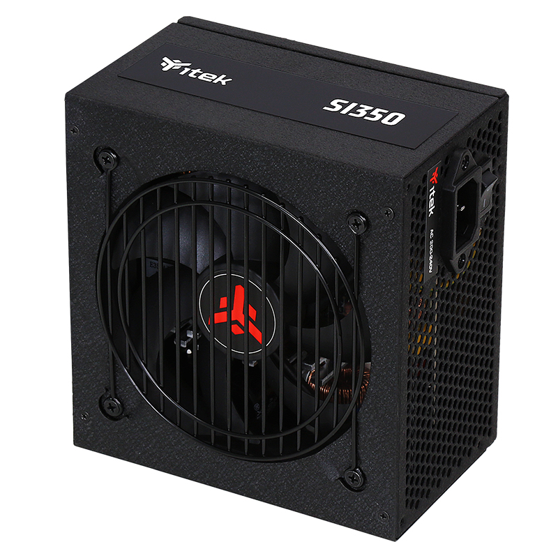 Fuente de alimentación para PC Itek SI350 negra con gran ventilador y logo rojo.