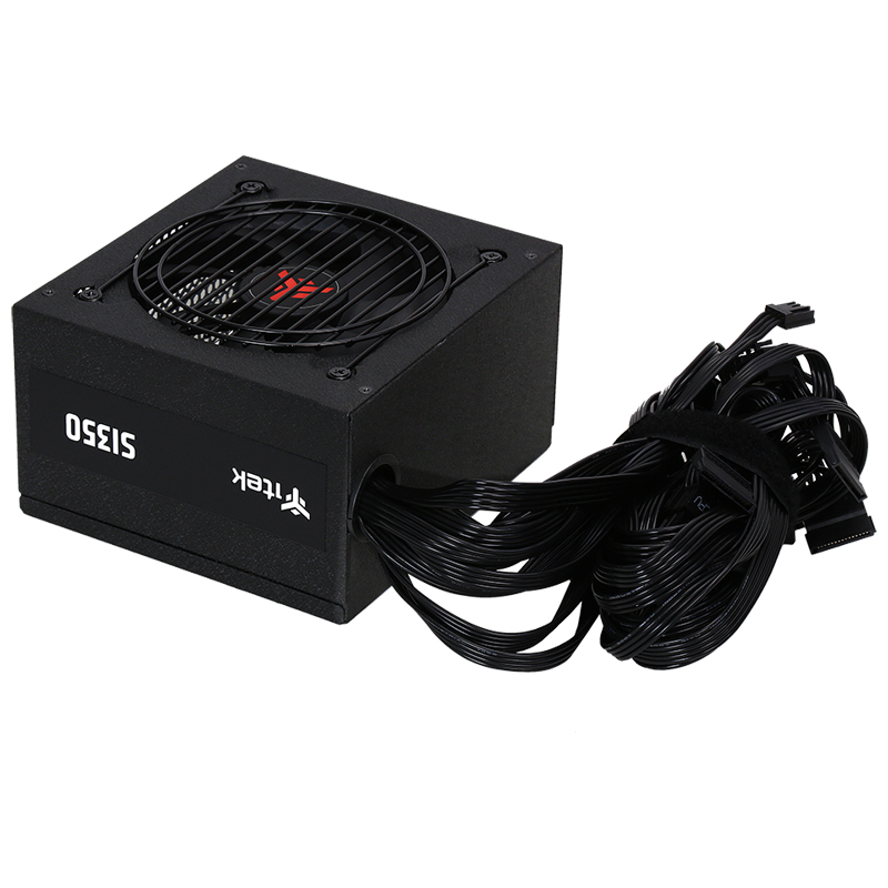 Fuente de alimentación para PC negra con ventilador integrado y cables.