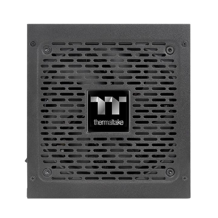 Schwarzes Thermaltake PC-Netzteil mit gelochtem Lüftergitter und quadratischem Logo.