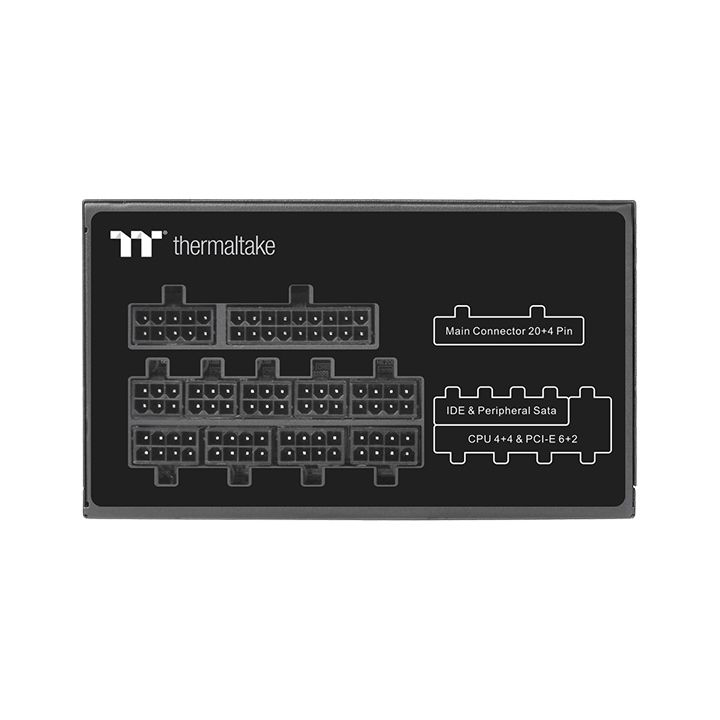 Thermaltake Netzteilanschlüsse mit Bezeichnungen für Stecker wie Main Connector und SATA auf schwarzem Hintergrund.
