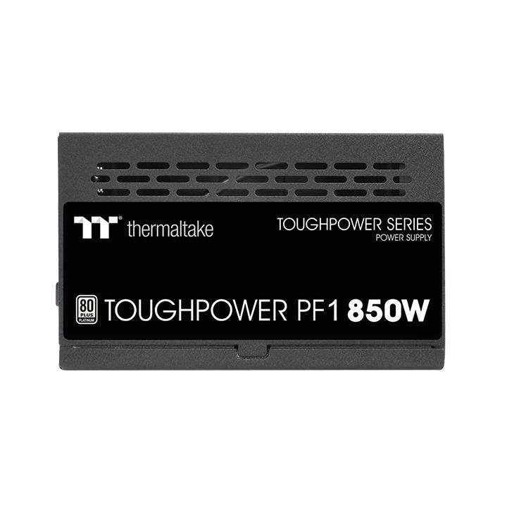 Schwarzes Thermaltake Toughpower PF1 850W Netzteil auf weißem Hintergrund.
