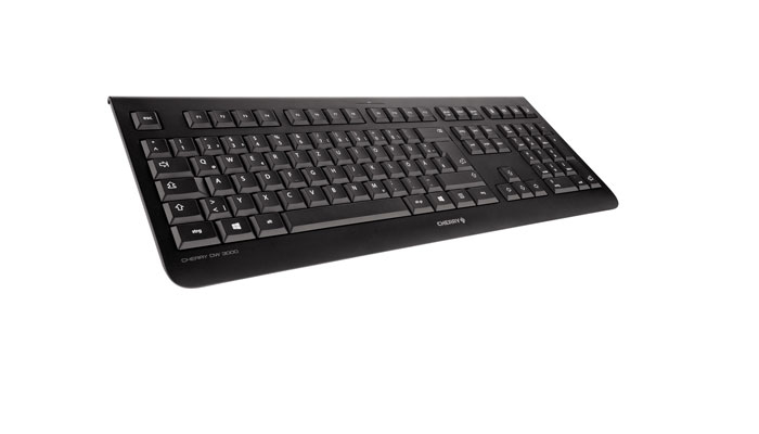 Un teclado negro Cherry DW 3000 visto en ángulo sobre un fondo blanco.