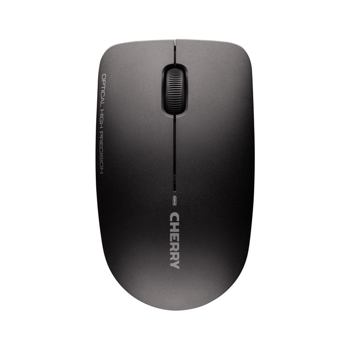Un ratón de ordenador inalámbrico Cherry negro con rueda de desplazamiento y logotipo sobre fondo blanco.