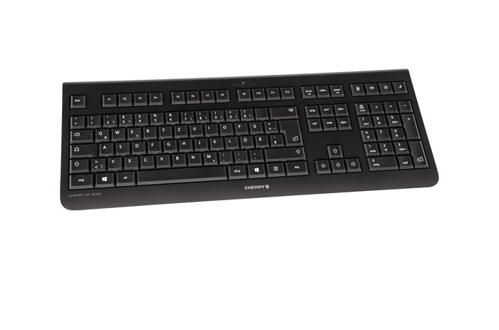 Un teclado negro Cherry DW 3000 con distribución alemana sobre fondo blanco.