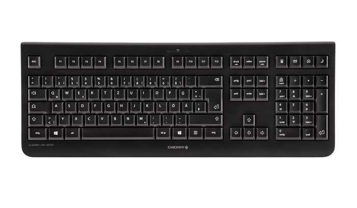 Teclado de computadora negro Cherry DW 3000 con distribución alemana QWERTZ sobre fondo blanco.