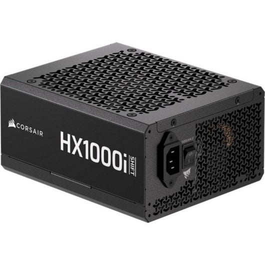 Schwarzes Corsair HX1000i Shift Netzteil mit perforiertem Gehäuse und Stromanschluss.