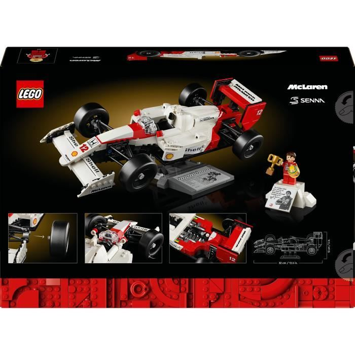 Tył pudelka LEGO McLaren Senna F1 z modelem, minifigurką i zdjeciami detali.
