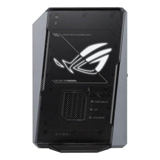 Case per PC da gioco grigio con logo ROG bianco illuminato sul fronte in vetro scuro.