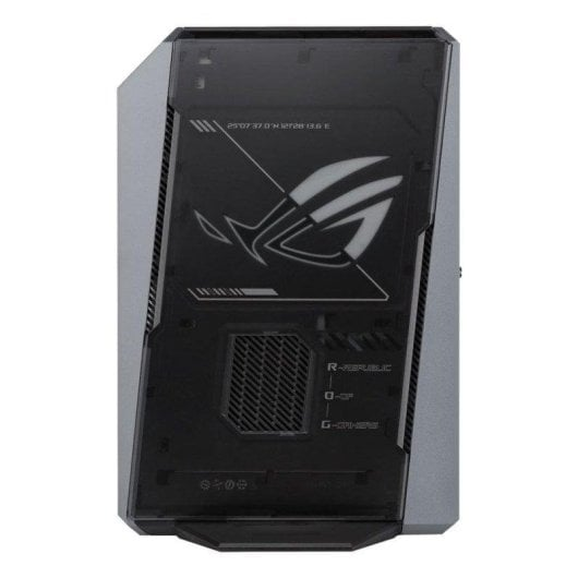 Un case per PC da gioco grigio con pannello frontale nero e logo ROG illuminato.