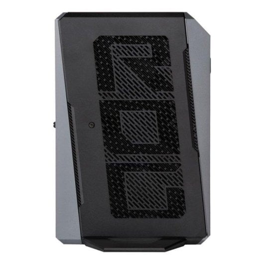 Un case per PC nero e grigio con motivo geometrico ROG e pannelli di ventilazione in rete.