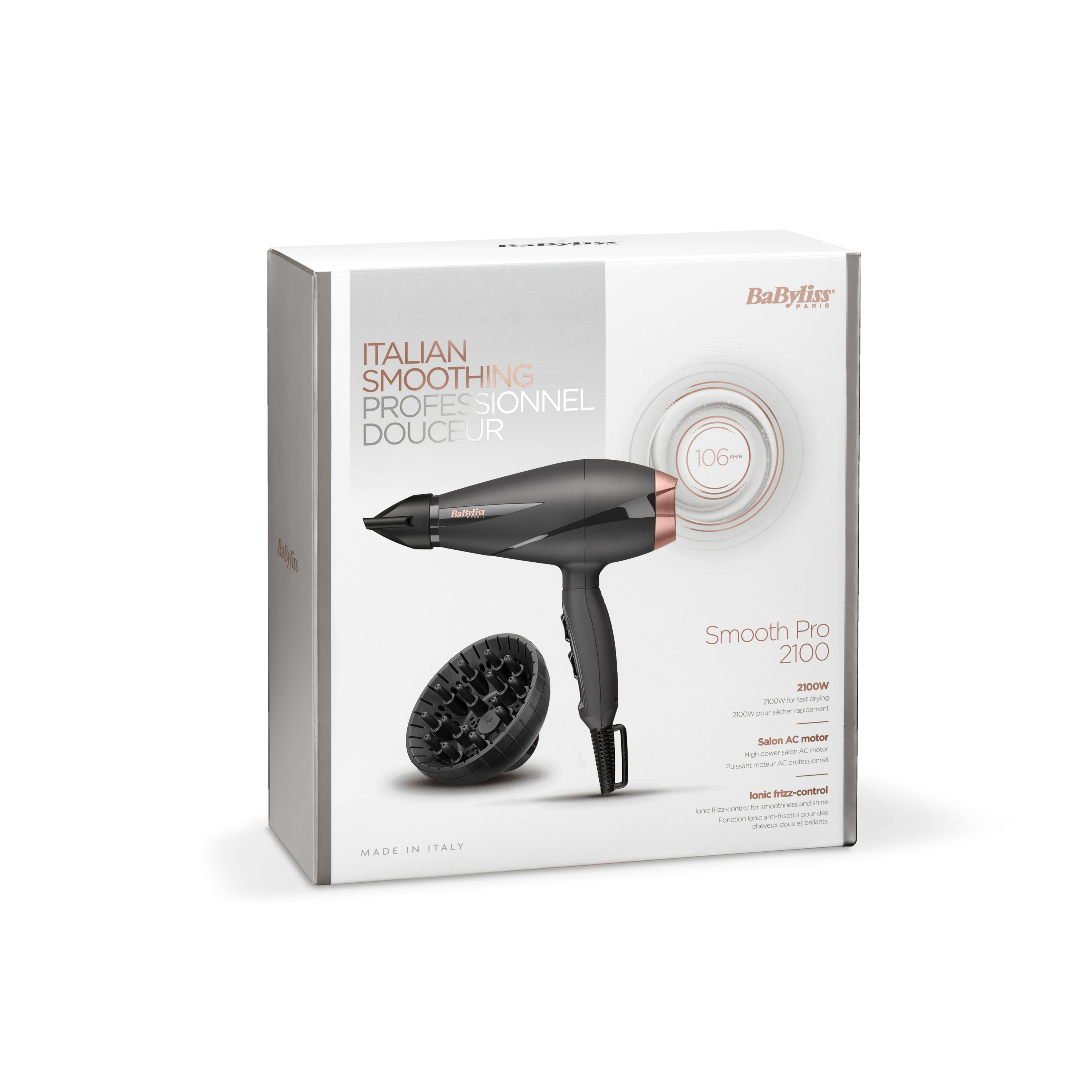 Pudełko czarnej suszarki do włosów BaByliss Smooth Pro 2100 z dyfuzorem na białym tle.