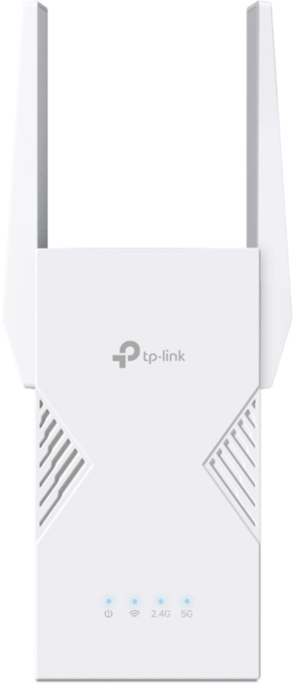 İki dikey antenli ve dört mavi gösterge ışığına sahip beyaz bir TP-Link Wi-Fi menzil genişletici.