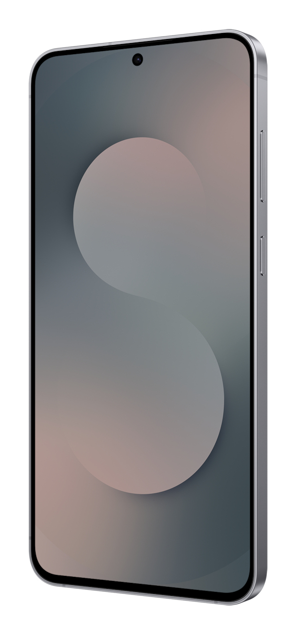 Een smartphone met een zilver-grijze behuizing en modern display op een witte achtergrond.