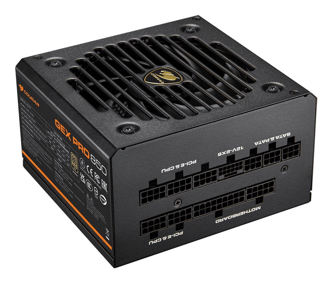 Fuente de alimentación para PC Cougar GEX PRO 850 negra con conectores modulares y logotipo dorado.