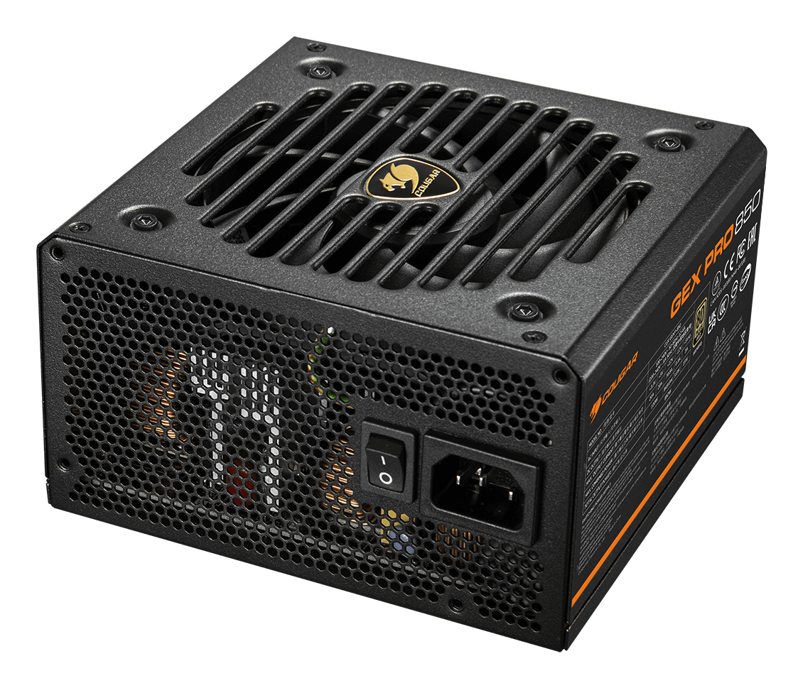 Fuente de alimentación para PC Cougar GEX PRO 850 negra con rejilla de ventilador, interruptor y enchufe.