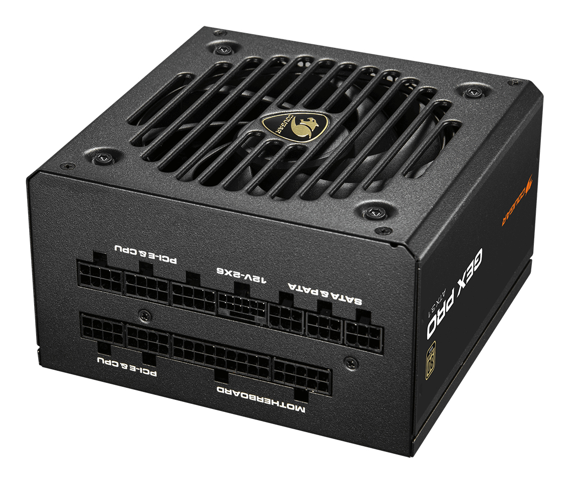 Fuente de alimentación negra Cougar GEX Pro ATX 3.1 para PC con puertos modulares y rejilla de ventilador.