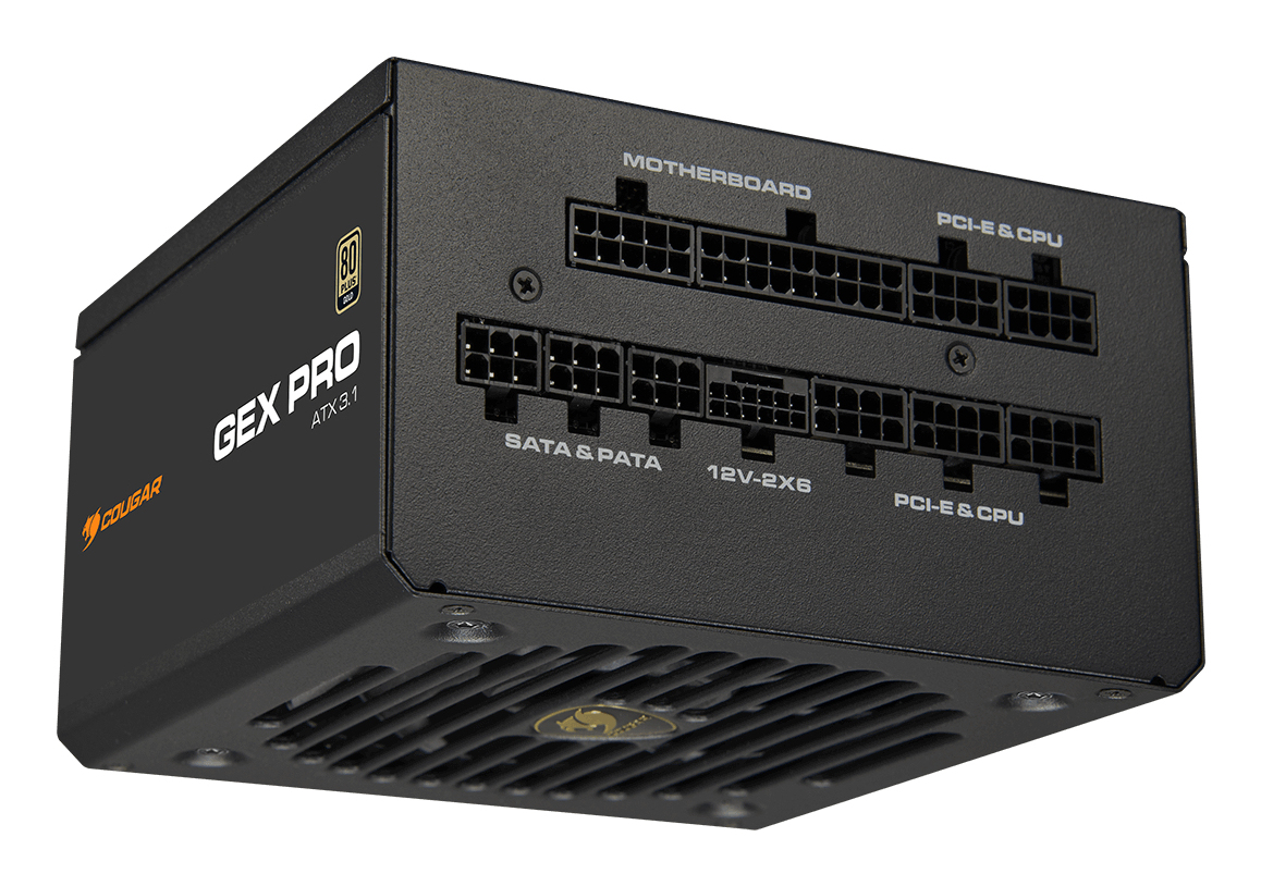 Una fuente de alimentación para PC Cougar GEX PRO ATX 3.1 negra con conectores modulares y ventilador.