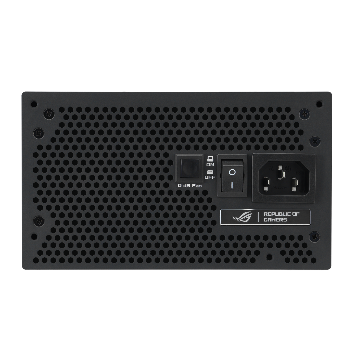 Rückseite eines schwarzen PC-Netzteils mit Steckdose, Netzschalter, Lüftertaste und Republic of Gamers Logo.