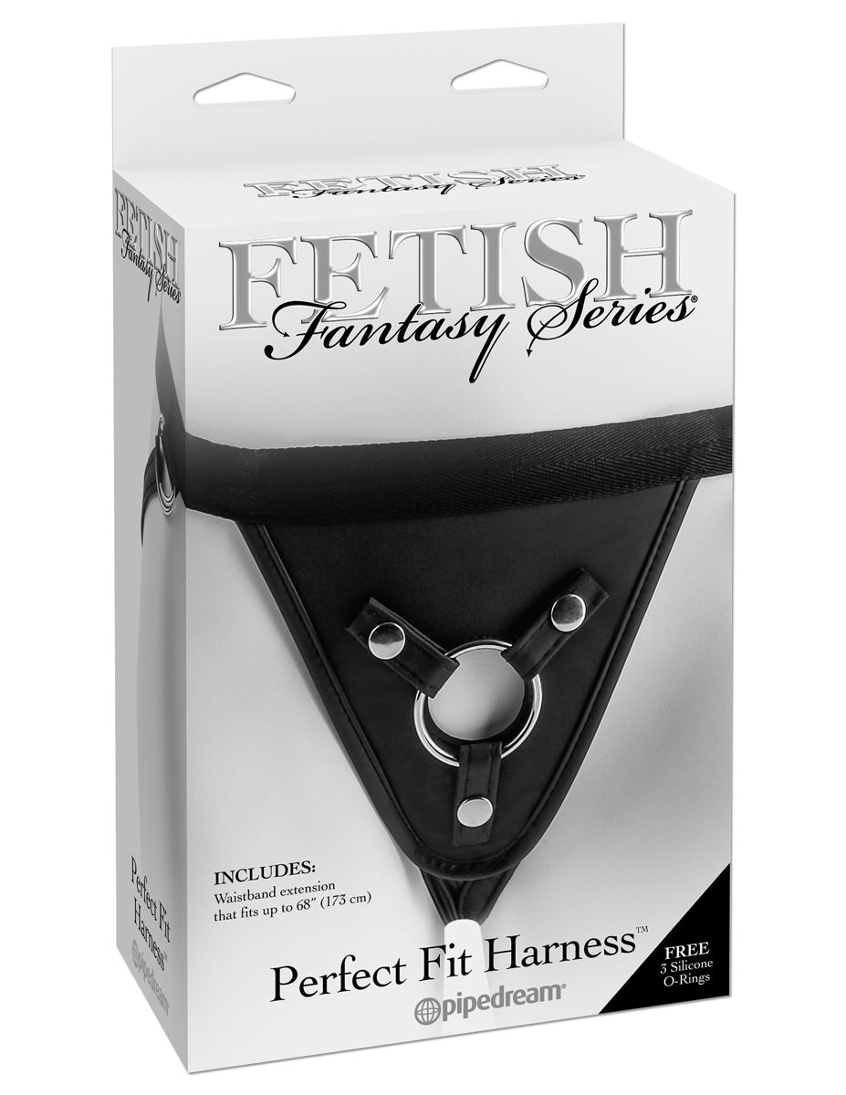Produktverpackung des Perfect Fit Harness der Fetish Fantasy Series, ein schwarzer Gurt mit O-Ring.