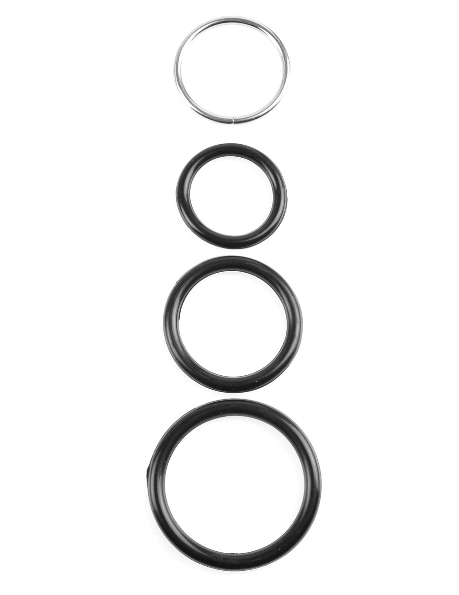 Vier runde Ringe in einer Reihe auf weißem Hintergrund, einer silbern und drei schwarz.