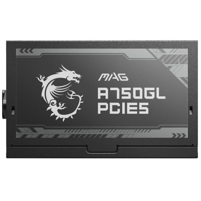 Czarny zasilacz PC MAG A750GL PCIE5 z białym logo smoka i etykietą.