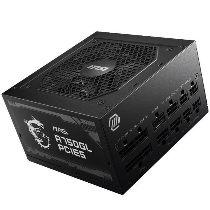 Czarny zasilacz MSI MAG A750GL PCIE5 z modularnym panelem kabli i górną kratką wentylatora.