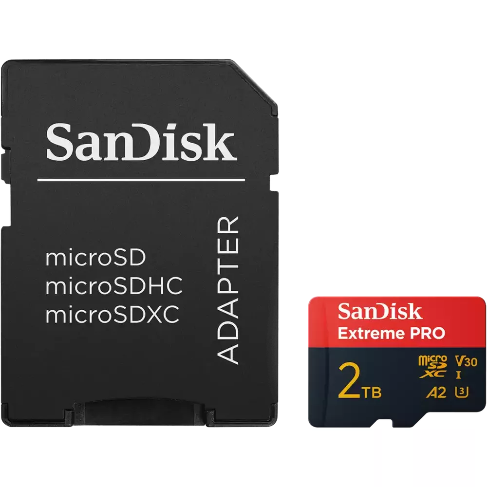 Un adattatore per scheda SD SanDisk nero accanto a una scheda microSDXC SanDisk Extreme PRO da 2 TB.
