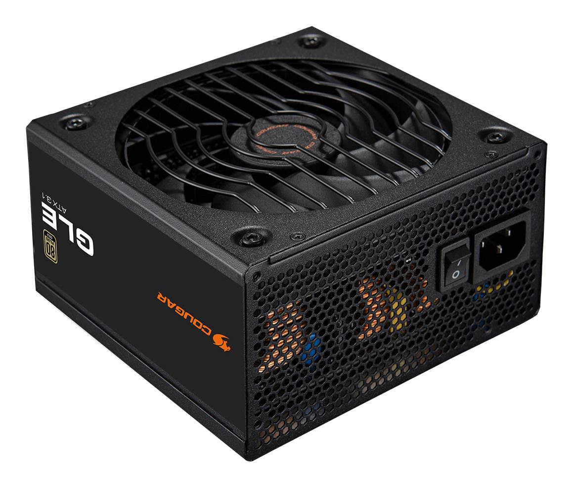 Czarny zasilacz komputerowy Cougar GLE ATX 3.1 z górną kratką wentylatora i włącznikiem.