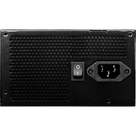 Schwarzes PC-Netzteil mit Wabenlüftungsgitter, Ein-Aus-Schalter und Netzkabelanschluss.