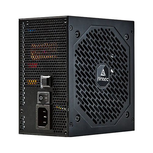 Un bloc d'alimentation PC Antec noir avec grille, interrupteur et prise secteur sur le côté.