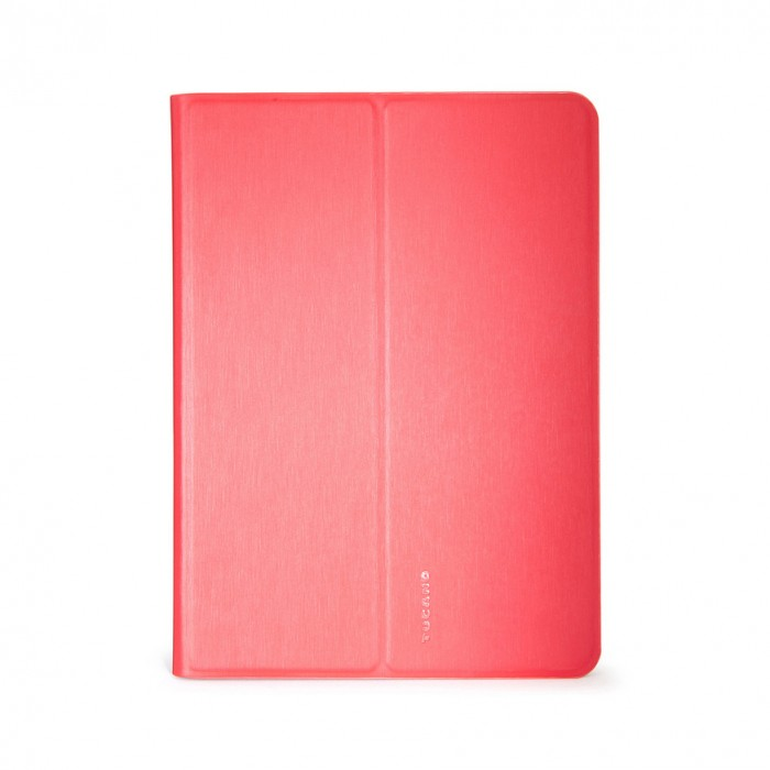 A closed, vibrant red tablet case with a vertical fold line, set against a solid black background.