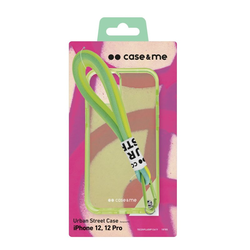 Funda verde para iPhone 12/12 Pro con correa en envase colorido.
