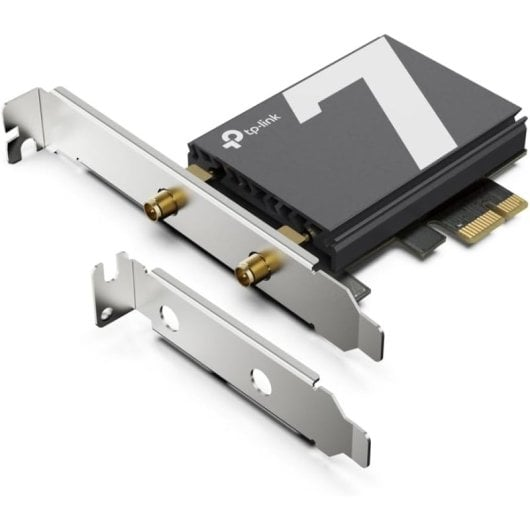 TP-Link PCIe WLAN-Karte mit schwarzem Kühlkörper, zwei Antennenanschlüssen und zusätzlichem flachen Halteblech.