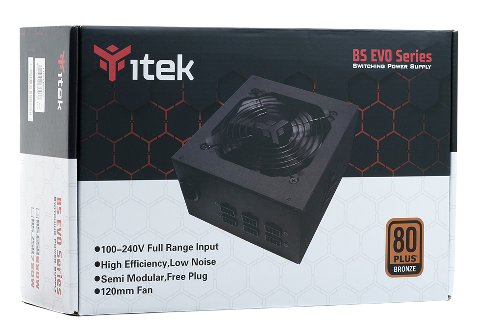 Opakowanie zasilacza Itek BS EVO Series z certyfikatem 80 Plus Bronze.