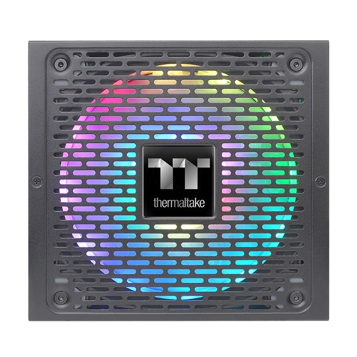 Ein schwarzes Thermaltake PC-Netzteil mit einem Regenbogen-RGB-Lüfter und runden Lüftungsschlitzen.