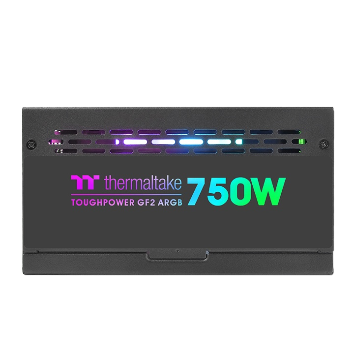 Schwarzes Thermaltake Toughpower GF2 ARGB 750W Netzteil mit RGB-Beleuchtung.