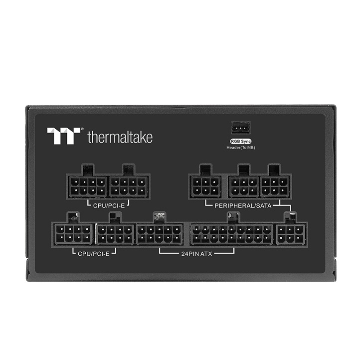 Rückseite eines schwarzen Thermaltake Netzteils mit beschrifteten Kabelanschlüssen.
