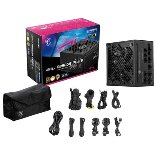 A black MSI power supply unit with its pink packaging, a carrying pouch, and various cables on a white background.
