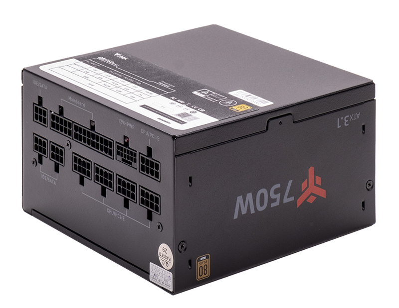 Czarny zasilacz komputerowy z modularnymi złączami i napisem 750W.