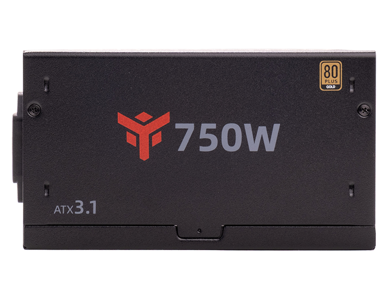 Czarny zasilacz PC 750W z czerwonym logo, ATX 3.1 i etykietą 80 Plus Gold.
